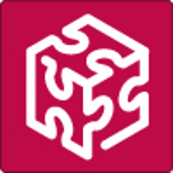Červený symbol s stylizovaným bílým puzzle, který vytváří 3D efekt.