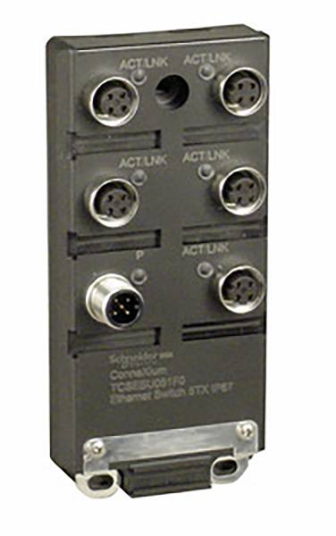 'Schneider ethernetový switch XBTZ, s několika porty a připojeními, černý.'