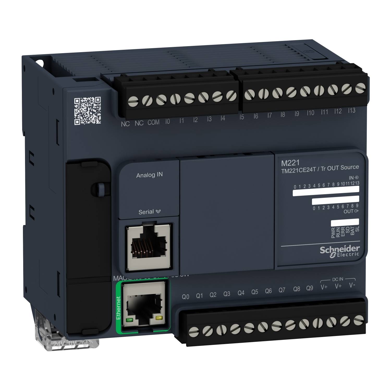 Průmyslová řídicí jednotka značky Schneider Electric, model M221, s několika možnostmi připojení a rozhraními.
