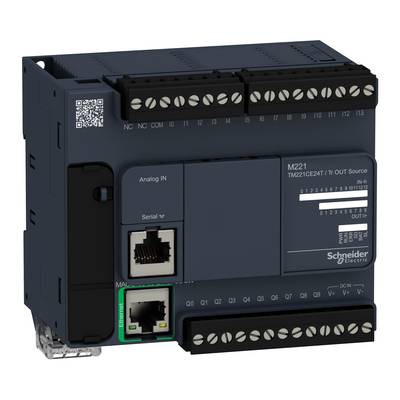 Průmyslová řídicí jednotka značky Schneider Electric, model M221, s několika možnostmi připojení a rozhraními.