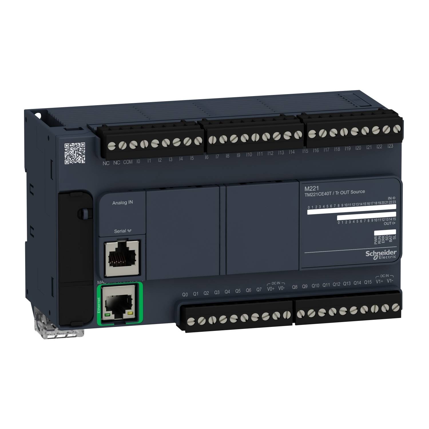 Černá, obdélníková elektrická rozvodná skříň s několika přípojkami a ethernetovým portem. Označená logem 'Schneider Electric'.