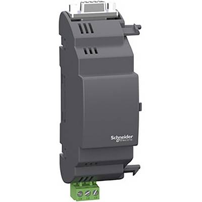 Černý rozváděčový modul od Schneider Electric s několika připojovacími místy a zeleným konektorem na spodní straně.
