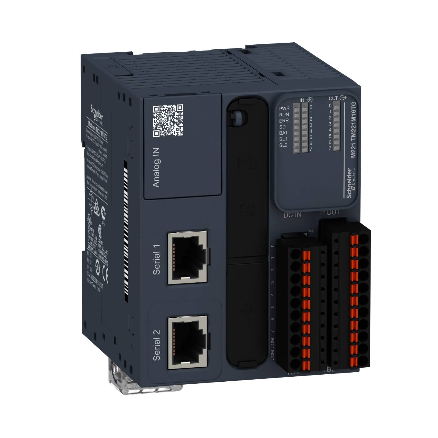 Průmyslový modul se dvěma ethernetovými porty a několika kabelovými konektory na přední straně, vhodný pro řídicí úlohy.