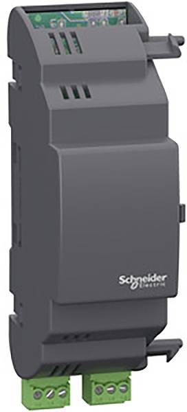 Šedý elektrický modul od společnosti Schneider Electric, obdélníkového tvaru s přípojkami dole, používaný pro průmyslové automatizační systémy.