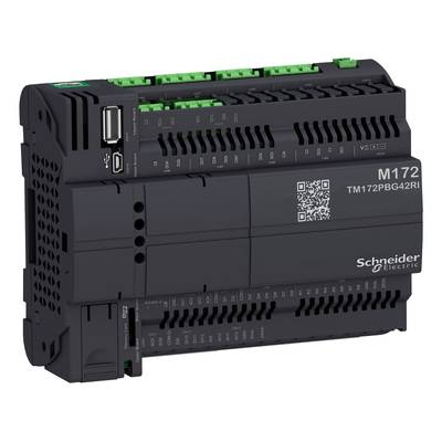 Černý řídicí modul Schneider Electric M172 se zelenými připojovacími svorkami a USB porty, pohled z boku.