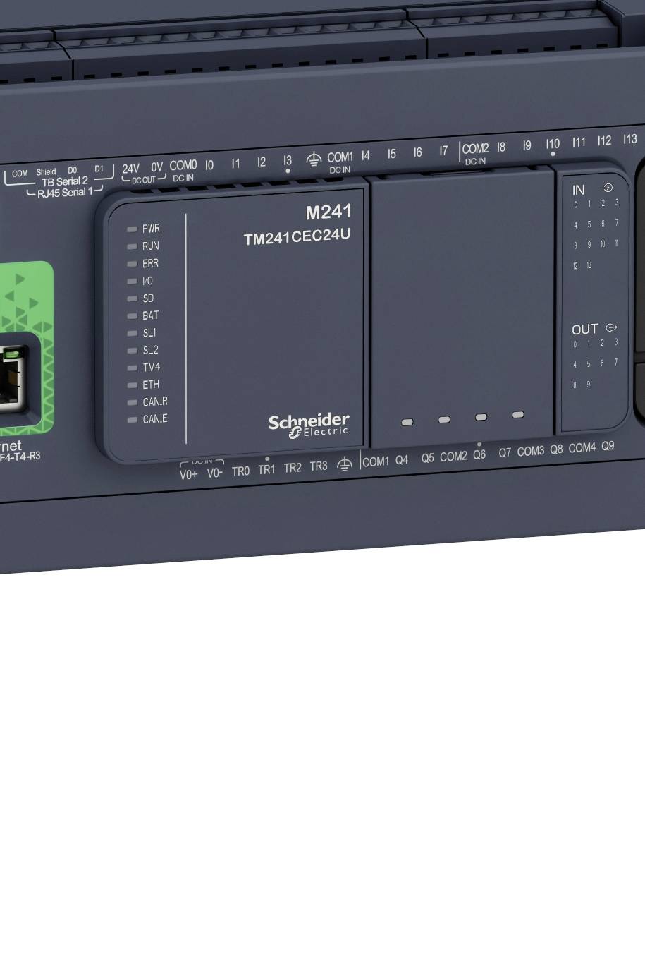 Programovatelná řídicí jednotka M241 od Schneider Electric s několika rozhraními pro průmyslové aplikace.