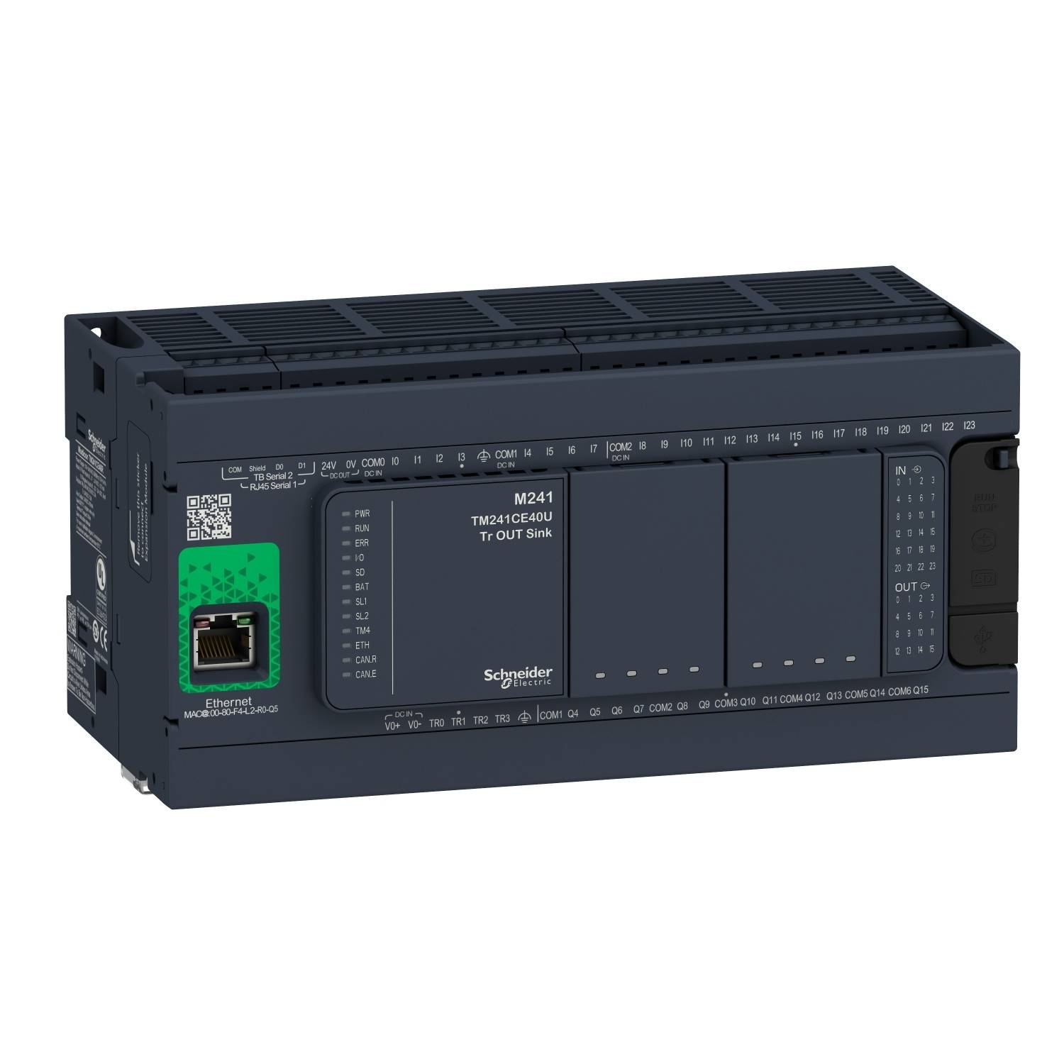 Průmyslový řídicí modul od společnosti Schneider Electric, model M241, s několika vstupy/výstupy a ethernetovým portem na levé straně.