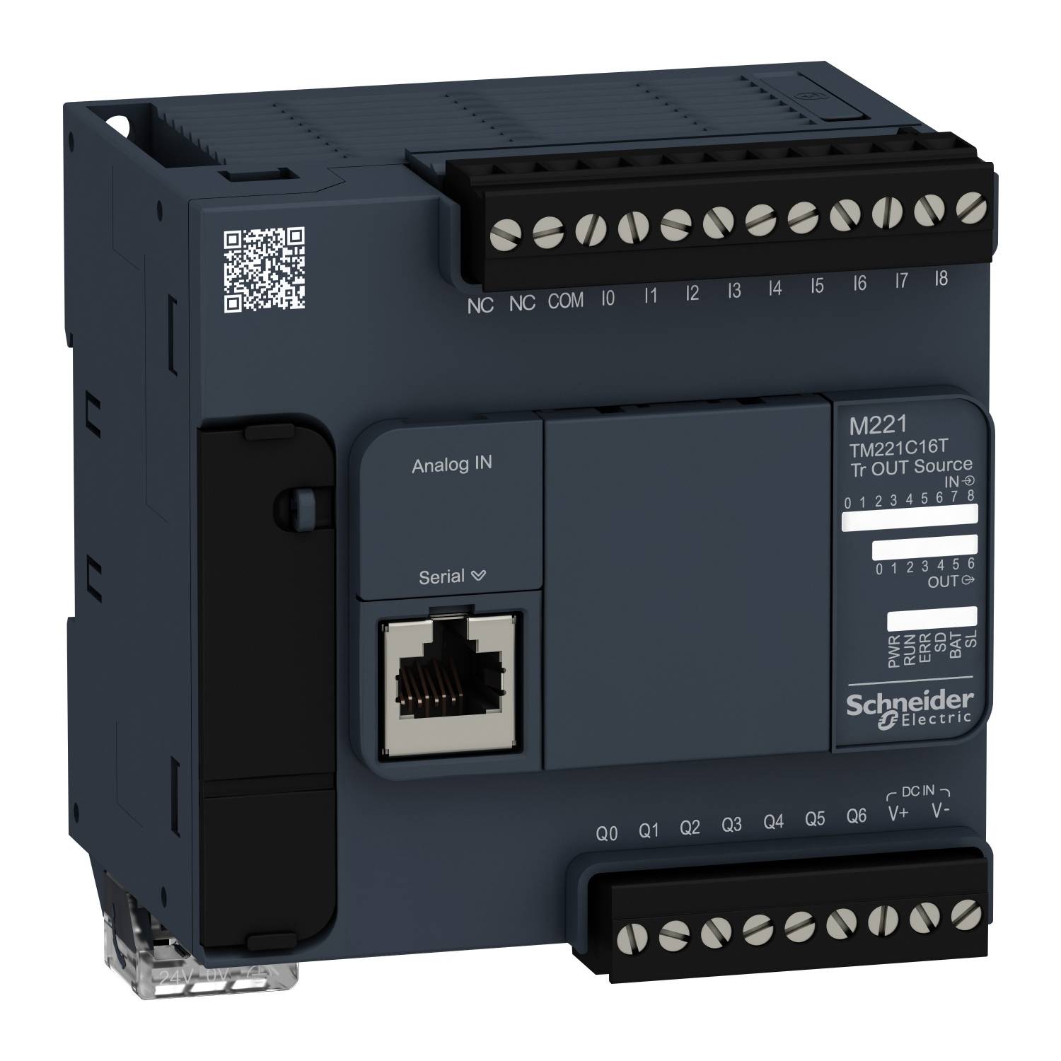 Kompaktní programovatelný logický kontrolér (PLC) na kolejničce značky Schneider Electric, model M221, s ethernetovým a napájecím připojením.