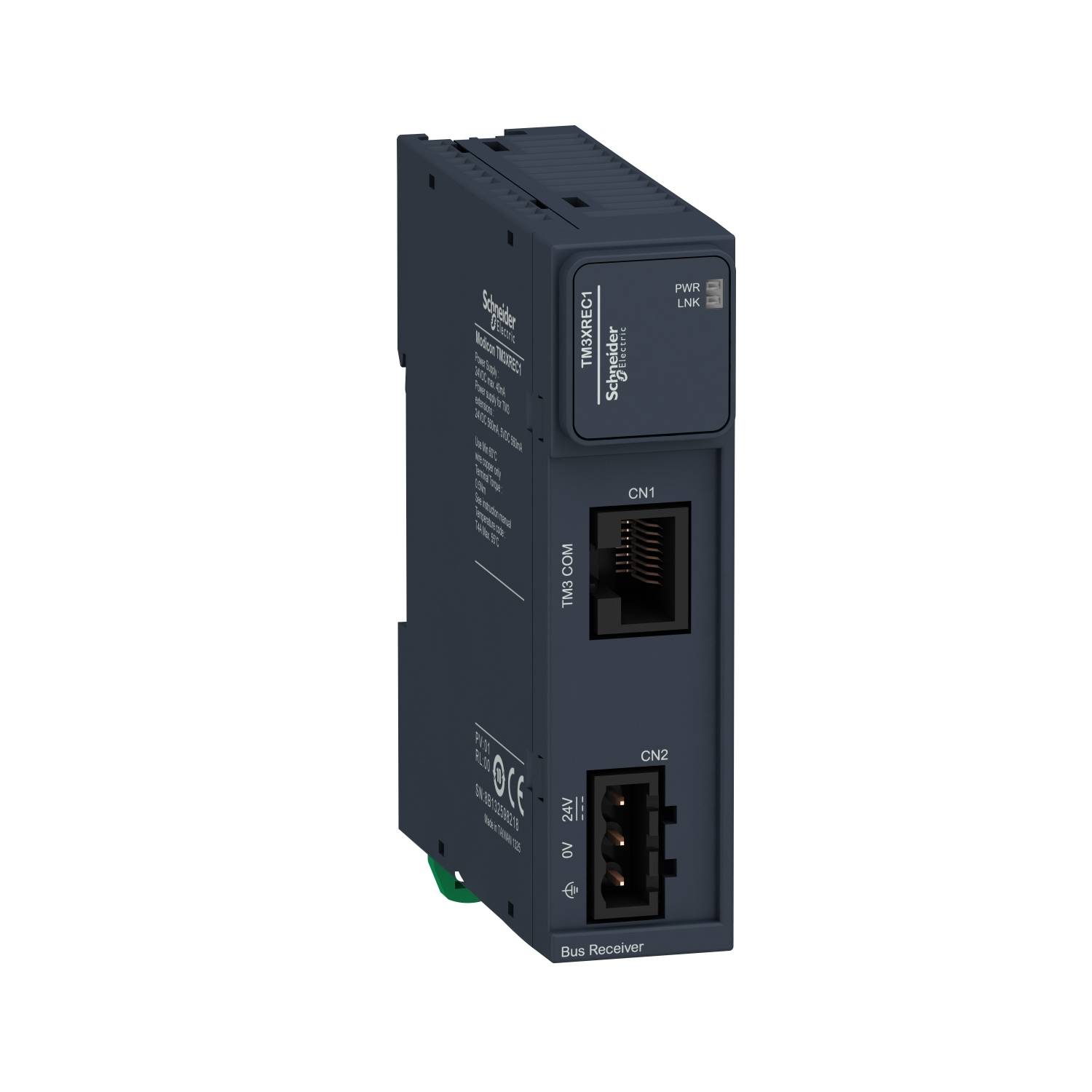 Černý průmyslový komponentní modul s přípojkami pro CN1 a CN2 a nápisem „Schneider Electric" a stavovými indikátory.
