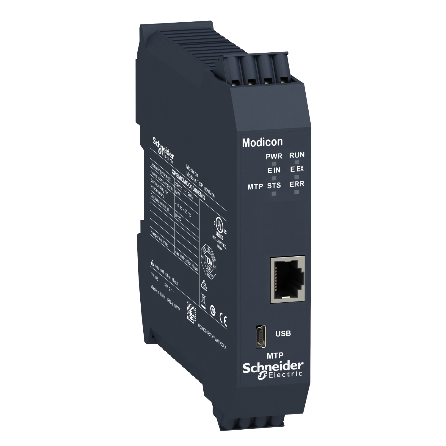 Elektronické zařízení 'Modicon' od společnosti Schneider Electric s USB a Ethernetovým připojením, vybavené stavovými LED indikátory pro napájení a systémovou aktivitu.