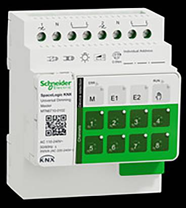 Bílý-zelený elektrický modul od Schneider Electric se zelenými tlačítky, označený čísly a písmeny, určený pro systémy KNX.