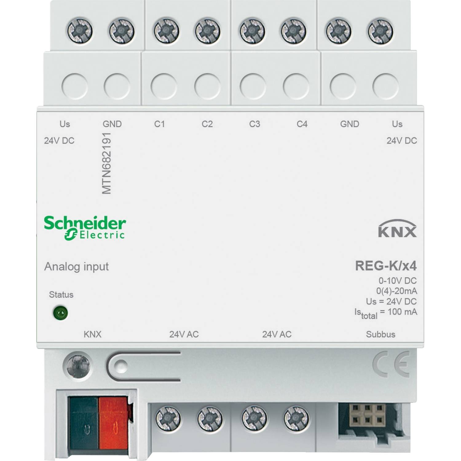 Analogový vstupní modul, značka Schneider Electric, model REG-K/x4, pro systémy KNX. Vstupy pro 0-10V, 0/4-20mA k dispozici.