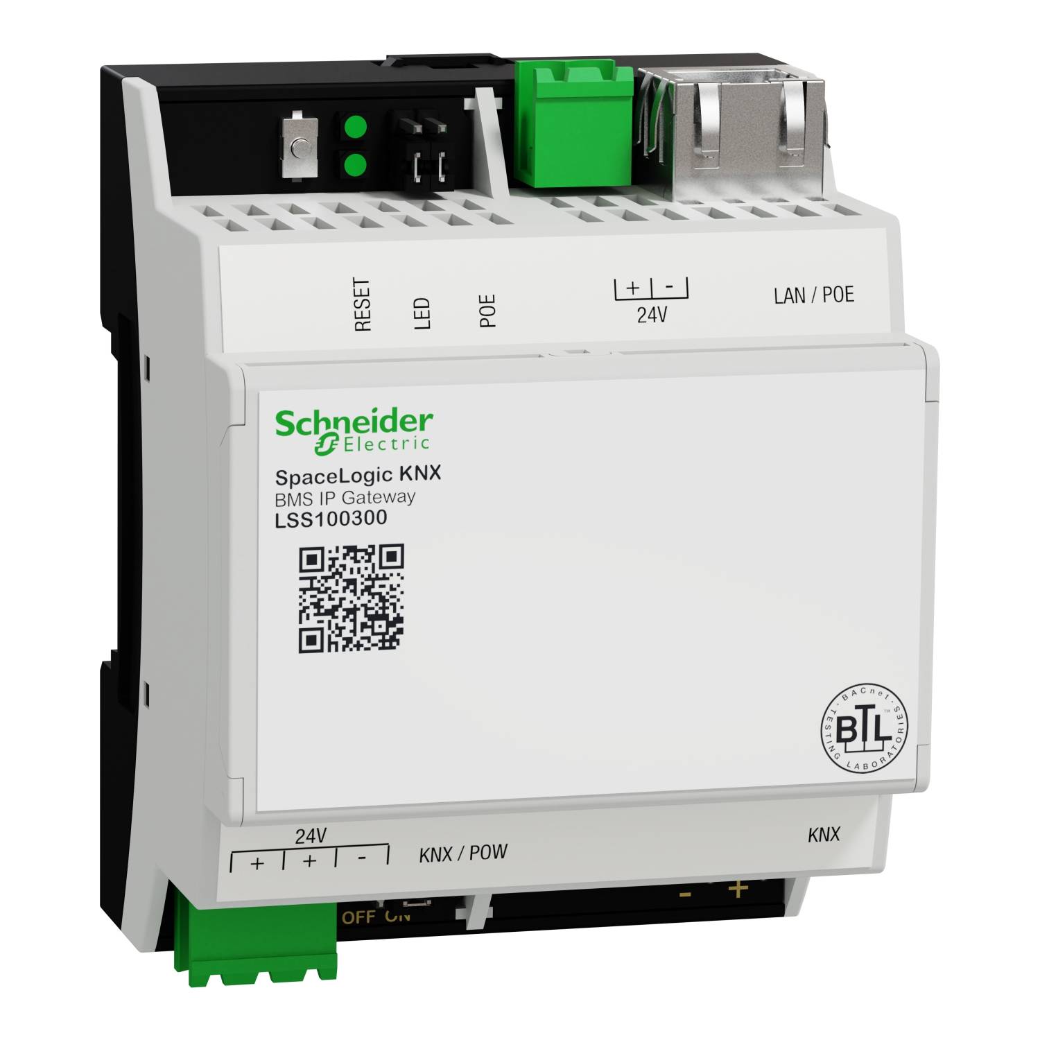 Schneider Electric SpaceLogic KNX BMS IP Gateway, elektrické zařízení se síťovým připojením a LED indikátorem, používané pro systémy řízení budov.