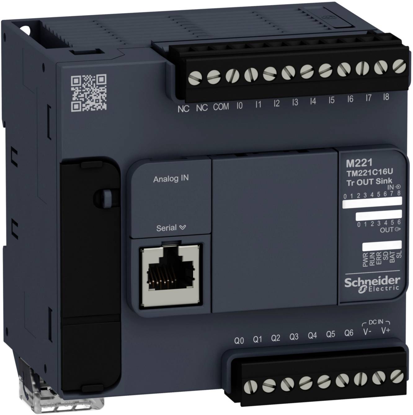 Průmyslové zařízení od společnosti Schneider Electric, model M221, s různými možnostmi připojení pro analogové a sériové spoje.