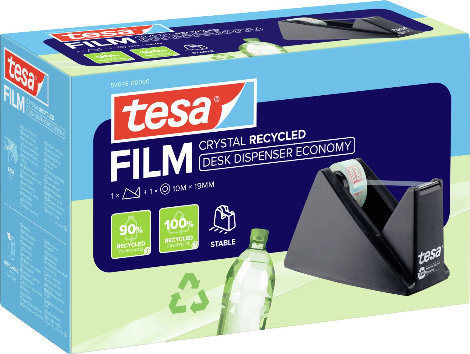 Balící materiál značky Tesa Film Crystal Recycled Desk Dispenser Economy s černým dávkovačem pásky a důrazem na recyklované materiály.