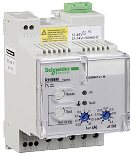 Elektrické monitorovací relé od Schneider Electric s ovládacími tlačítky pro reset a testování a LED indikátory stavu.