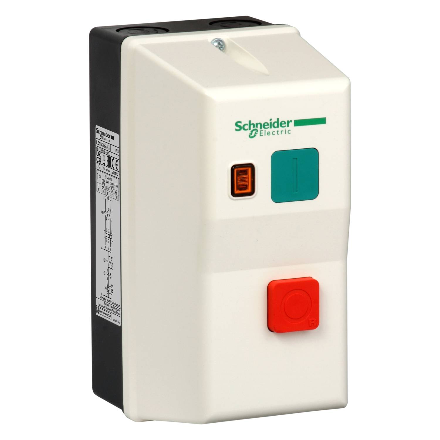 Bílá elektrická rozváděcí skříň od Schneider Electric se zeleným a červeným tlačítkem.