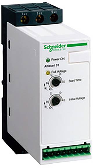 'Schneider Electric měkký startér s otočnými knoflíky pro nastavení doby rozběhu a počáteční napěťové úrovně, s indikátory provozu a napětí.'