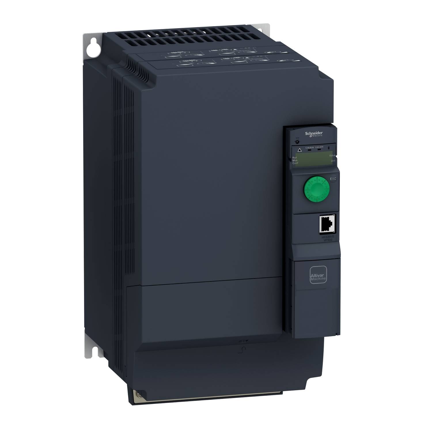Černá elektrická rozvodná skříň se zeleným tlačítkem a ethernetovým připojením, používaná pro řízení strojů.