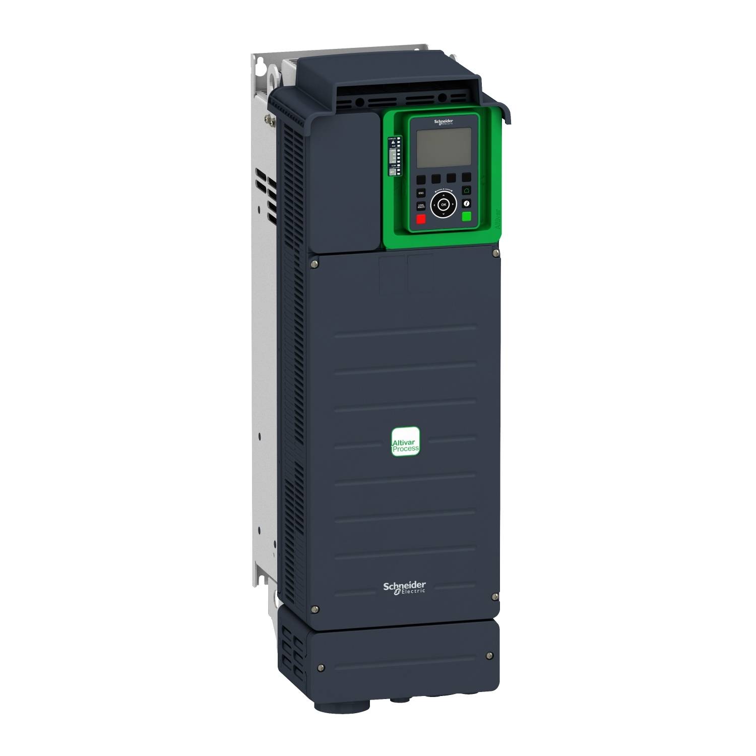 Černý frekvenční měnič od Schneider Electric s displejem a ovládacími prvky lemovanými zelenou barvou.