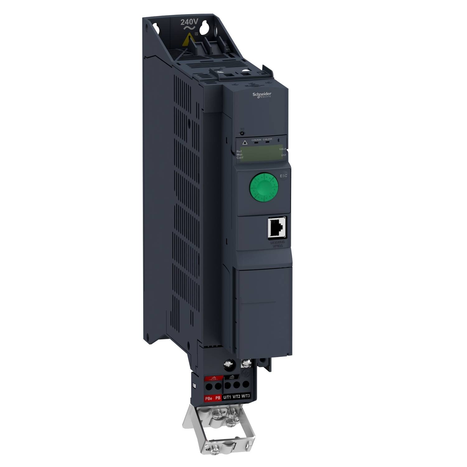 Schneider Electric frekvenční měnič, model ALTIVAR, 240V, vertikálně namontovaný, se zeleným ovládacím panelem a přípojkami na spodní straně.
