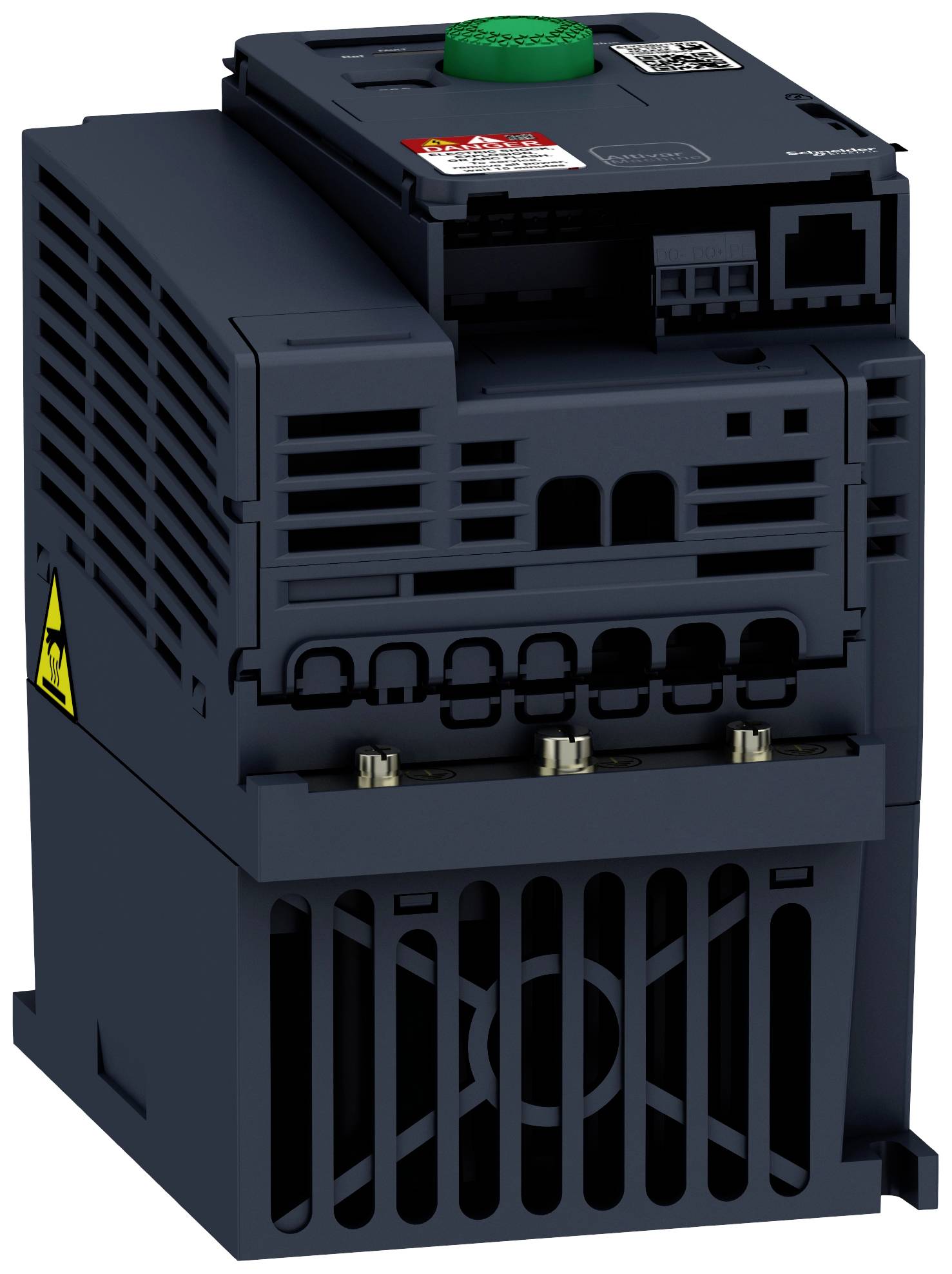 Elektrický frekvenční měnič v šedém pouzdře s větracími štěrbinami, nahoře zelené a červené tlačítka, připojovací místa na přední straně.