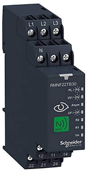 Elektronické zařízení od Schneider Electric s popiskami L1, L2, L3, N a symbolem NFC. Používá se pro monitorování napětí.