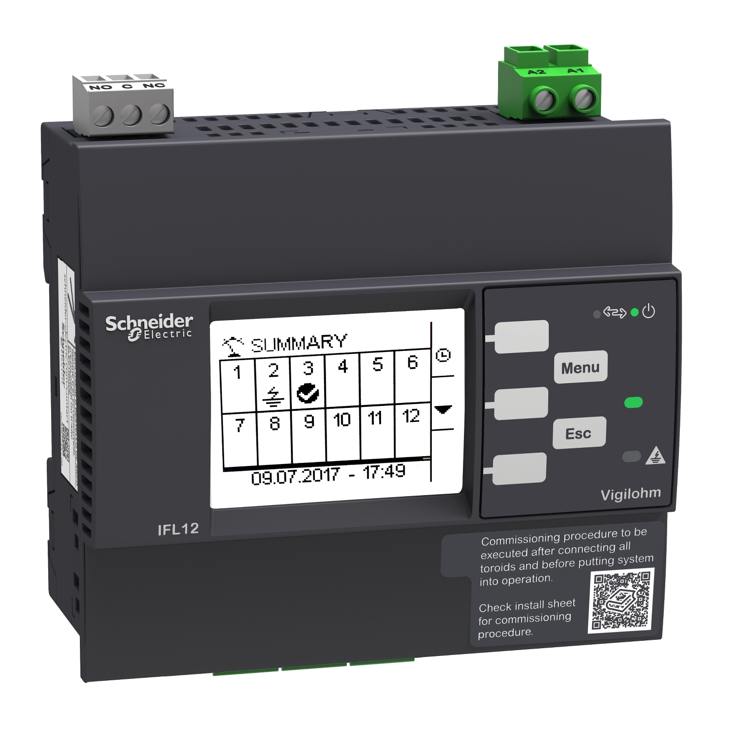 Elektrické zařízení s digitálním displejem zobrazuje tabulku s ikonami a datem. Značky: 'Schneider Electric', 'IFL12'.