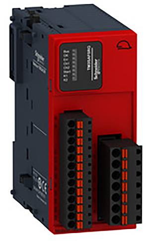 Červené elektronické zařízení s několika černými porty a indikačním panelem, které pravděpodobně nachází využití v průmyslovém prostředí.