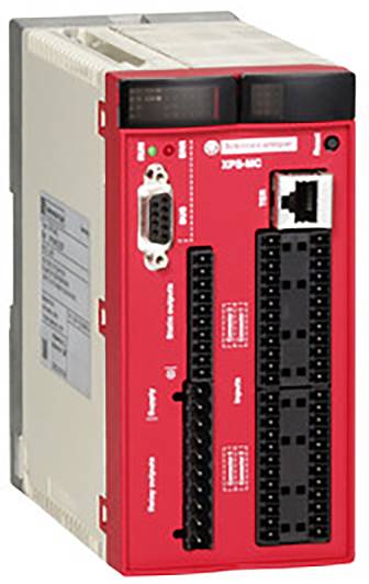 Červený bezpečnostní modul s několika porty, včetně ethernetových a sériových, je zobrazen. Patří do průmyslové automatizační techniky.