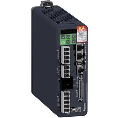 Černý elektrický modul s několika sloty a štítkem obsahujícím výstražné informace. Vyvinut společností Schneider Electric.