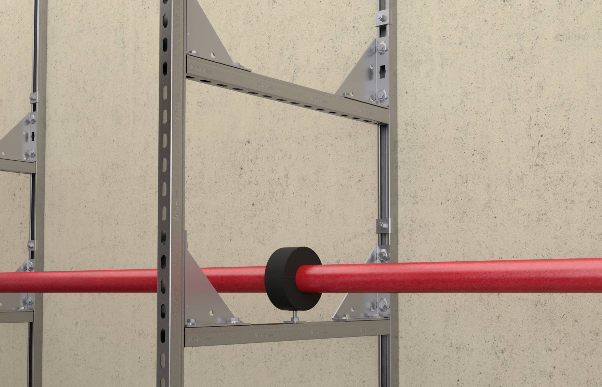 Trubkovitý kabel je veden stříbrnou kovovou svorkou na béžové stěně.