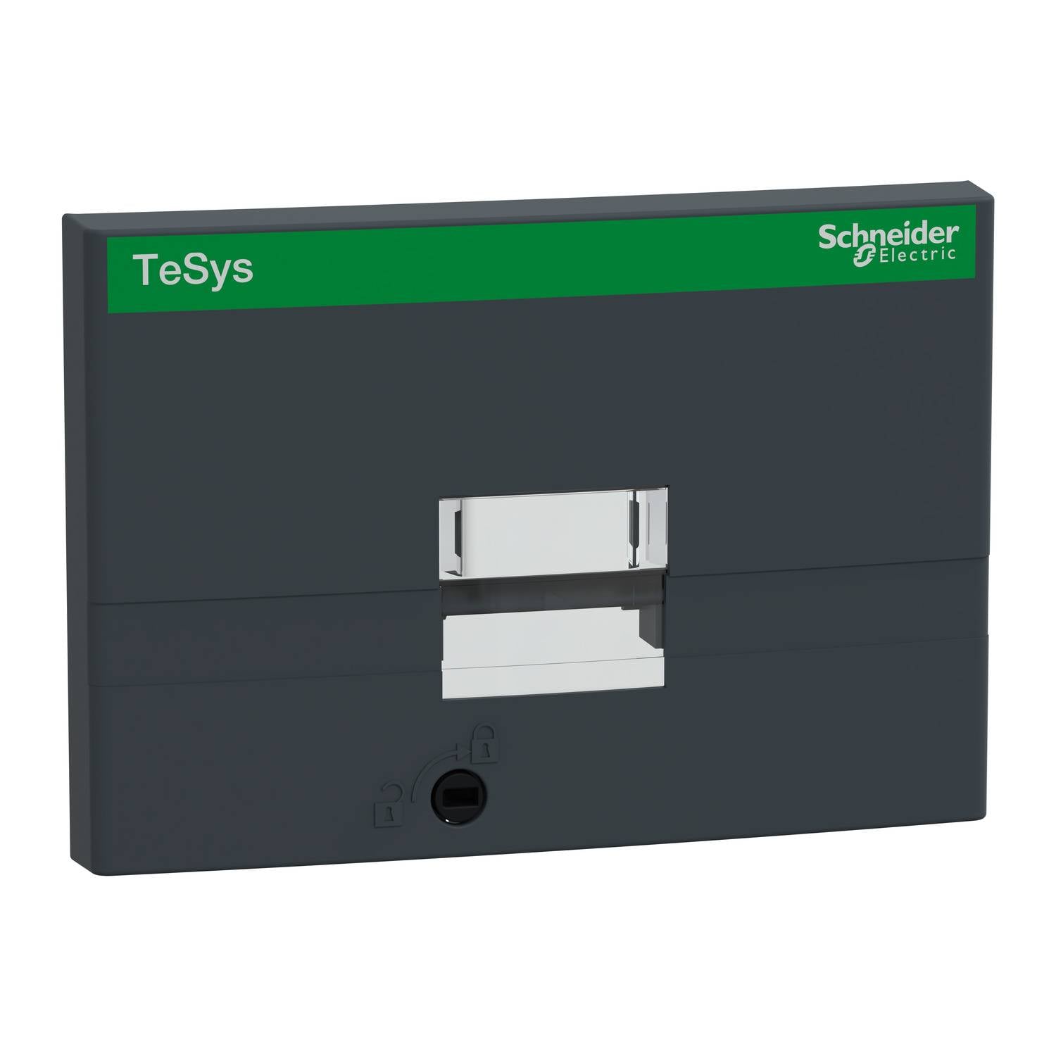 Šedý obdélníkový modul Schneider Electric s zeleným štítkem 'TeSys' v levém horním rohu a centrální pákou.