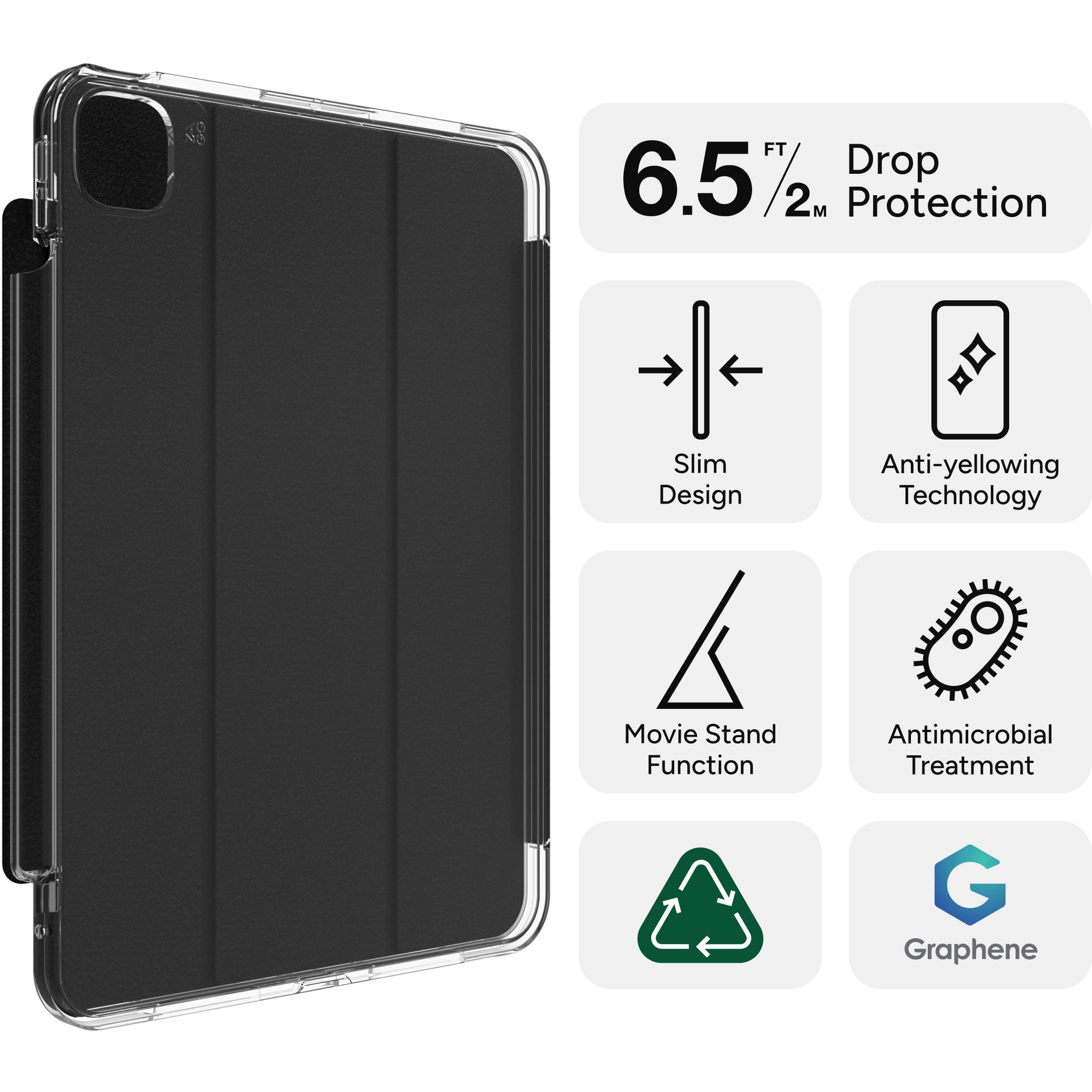 Černý tablet obal s ochranou proti pádu do 2 metrů, štíhlým designem a ochranou před žloutnutím. Funkce: stojánek na filmy, antimikrobiální. Materiál s grafenovými vlastnostmi.