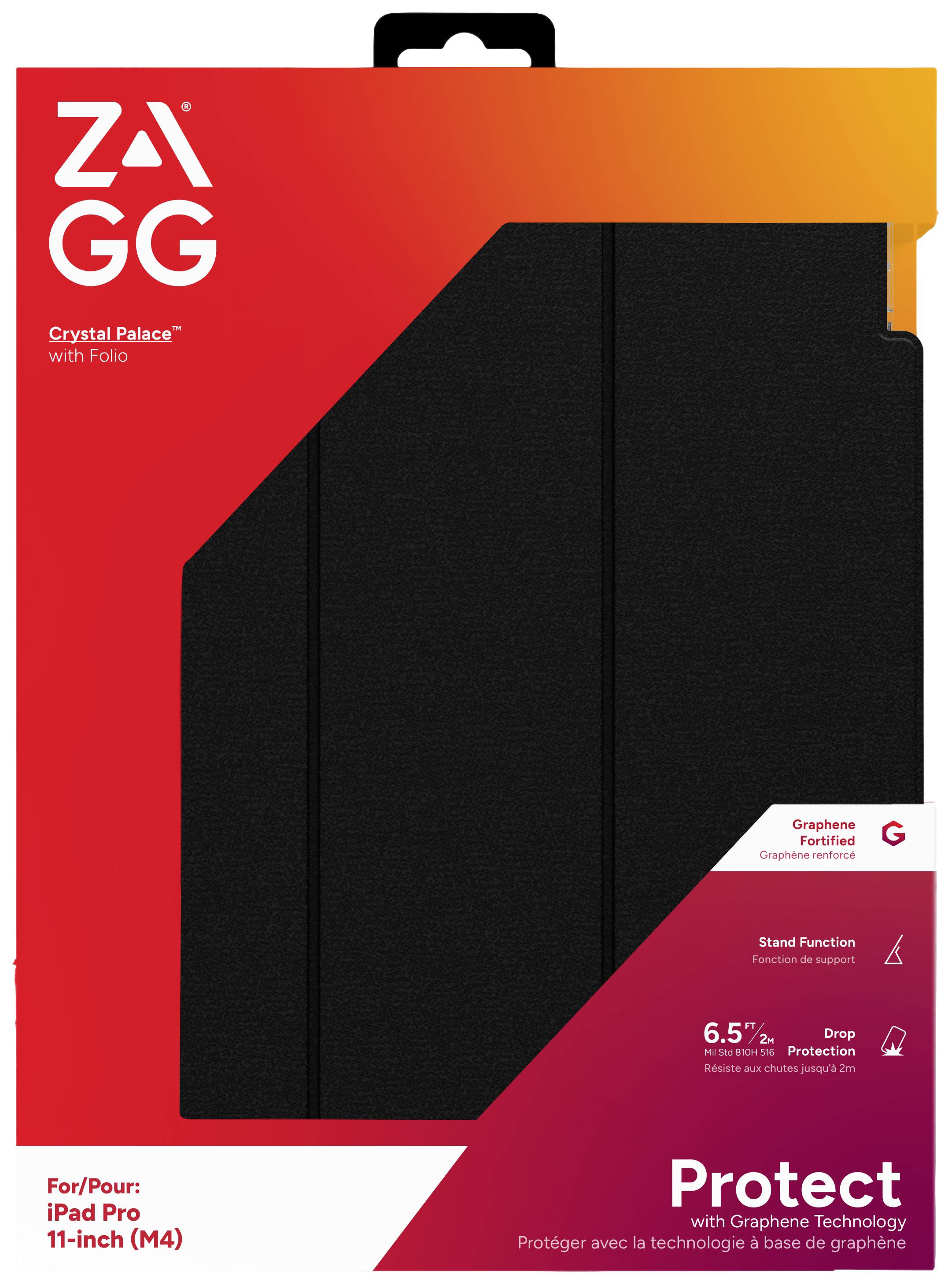 Obal ochranného krytu ZAGG Crystal Palace pro iPad Pro 11" (4. generace) v černé barvě, s integrovaným stojánkem, s ochranou proti pádu z výšky 2 metrů.