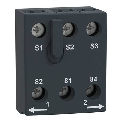 Šedý elektrický připojovací blok s šesti šroubovými svorkami, označený štítky 'S1', 'S2', 'S3', '82', '81', '84', a šipkami k '1' a '2'.
