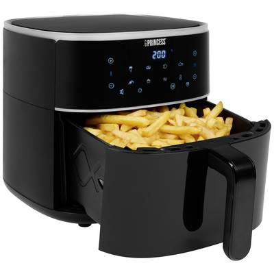 Černá horkovzdušná fritéza s digitálním displejem ukazuje '200'. Zásuvka je otevřená a naplněná hranolkami.