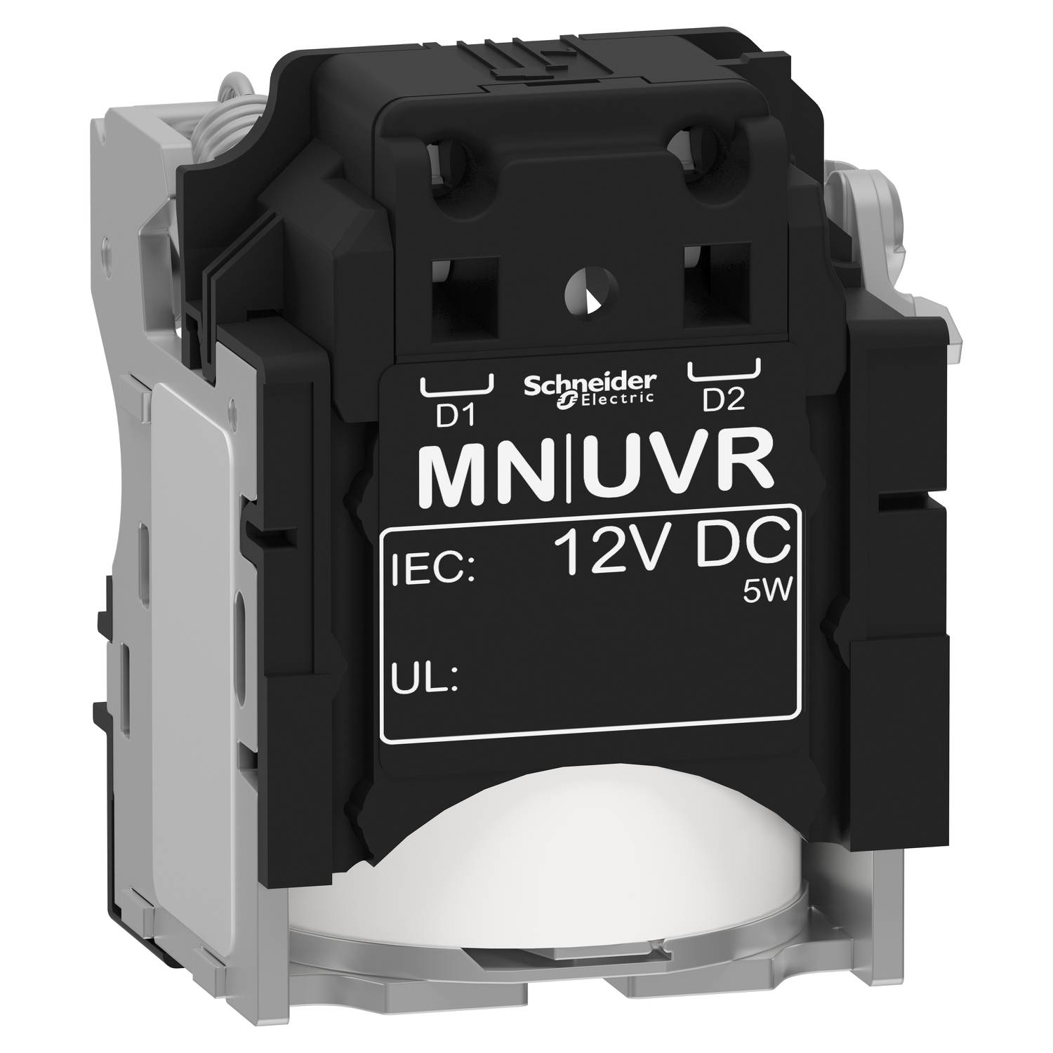 Elektrické relé od Schneider Electric, označení 'MNIUVR 12V DC 5W', vhodné pro stejnosměrné aplikace.