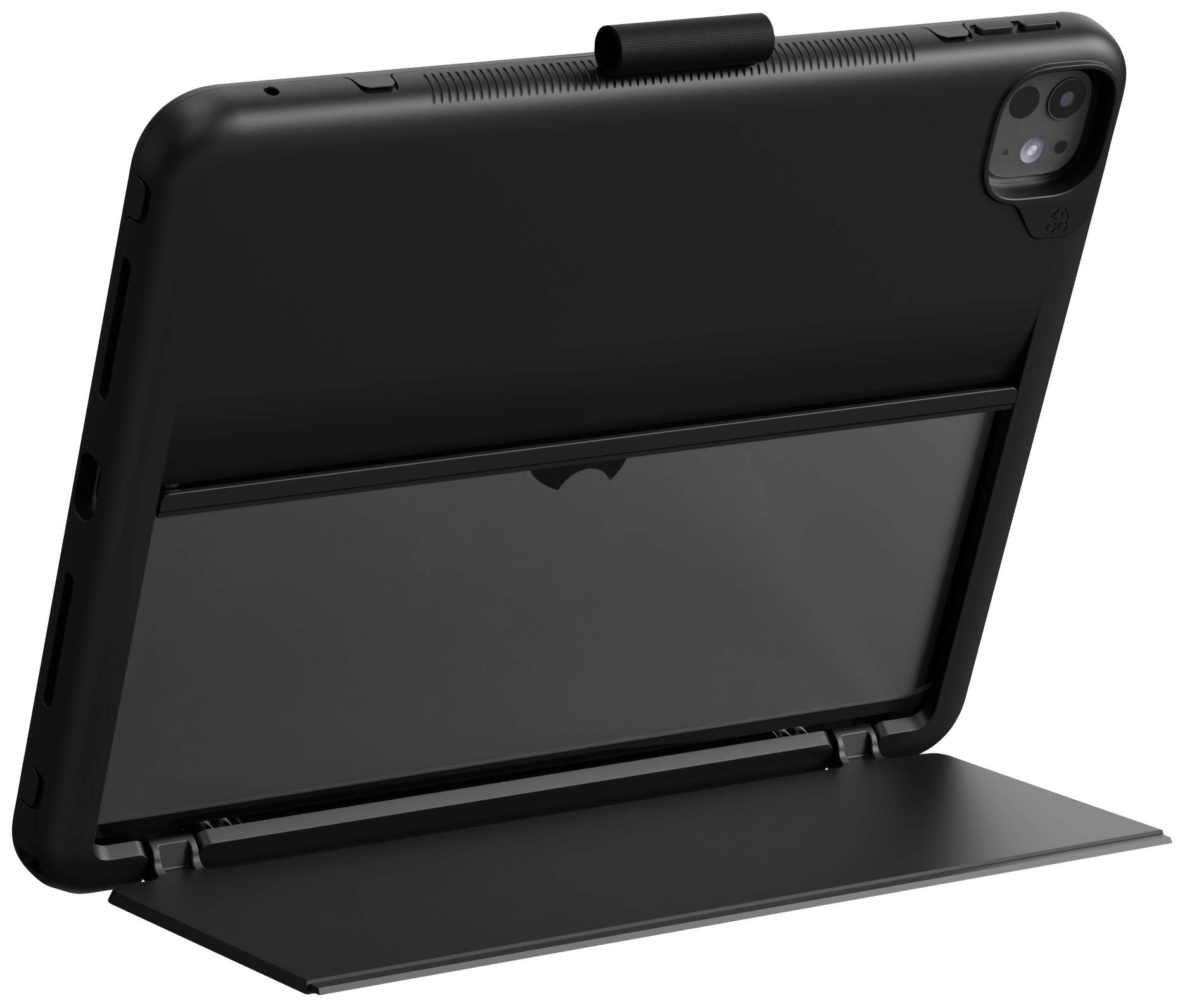 Tablet s černým pouzdrem umístěné na šikmém stojanu, v horním pravém rohu viditelné pole kamery.