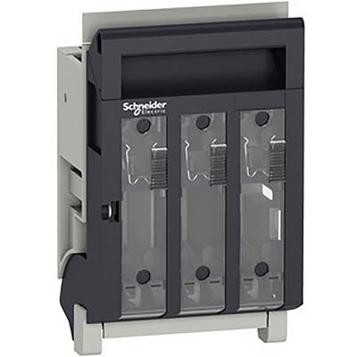 Elektrický spínač v pouzdře, se třemi transparentními kryty pro pojistky nebo svorky, značky Schneider Electric.