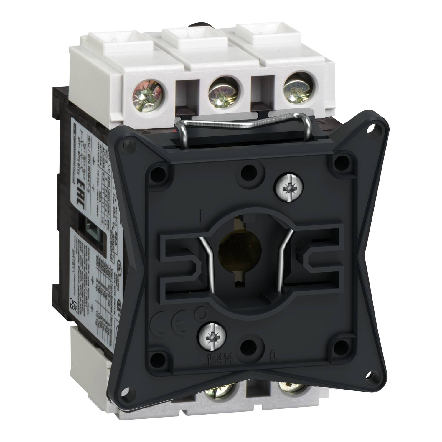 Černý, obdélníkový spínač s kovovými šroubovými spoji a otočnou střední částí na bílém pozadí.
