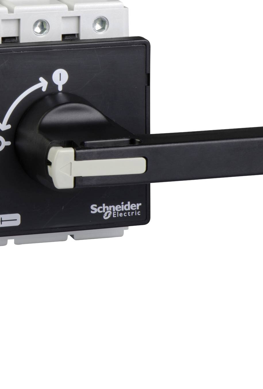 Černý spínač od Schneider Electric s vyznačenými polohami '1' a '0'. Velká páka pro manuální ovládání.