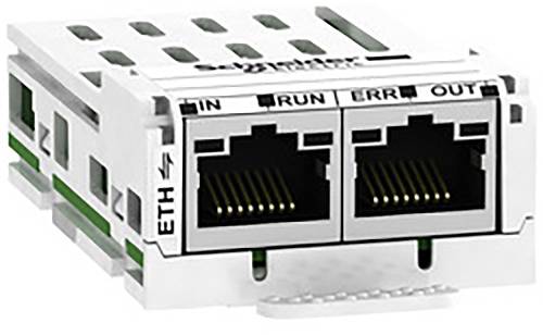 Dva ethernetové porty s popiskami: IN, RUN, ERR, OUT. Připojovací modul v průmyslovém síťovém zařízení.