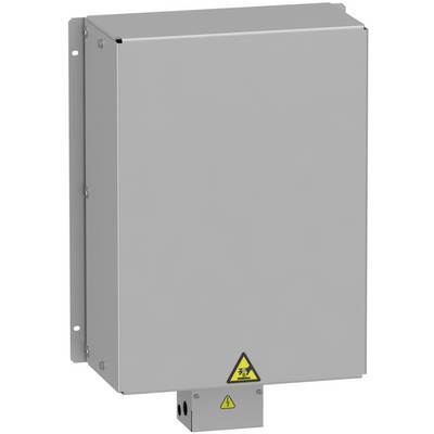 Šedý, obdélníkový kovový box s žlutým výstražným symbolem. Box je pravděpodobně elektrický rozvaděč.