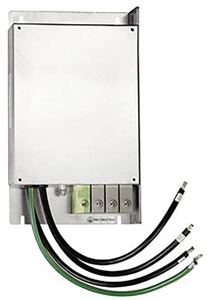 Kovový rozváděč se čtyřmi vyčnívajícími kabely, typicky používaný v elektroinstalacích.