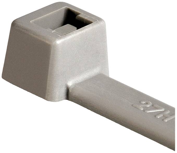 Stahovací páska zblízka, stříbrné barvy, s obdélníkovitou hlavou a zubatým mechanismem pro nastavení délky.