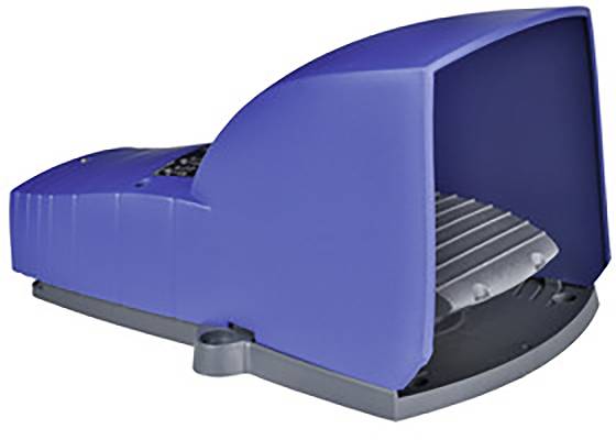 Modré elektrické nožní pedály s ochranným krytem, které se používají k ovládání strojů v průmyslovém prostředí.
