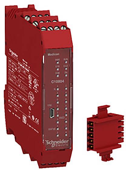 Červené zařízení Modicon od společnosti Schneider Electric s několika vstupy. Vedle něj leží odnímatelná červená komponenta.