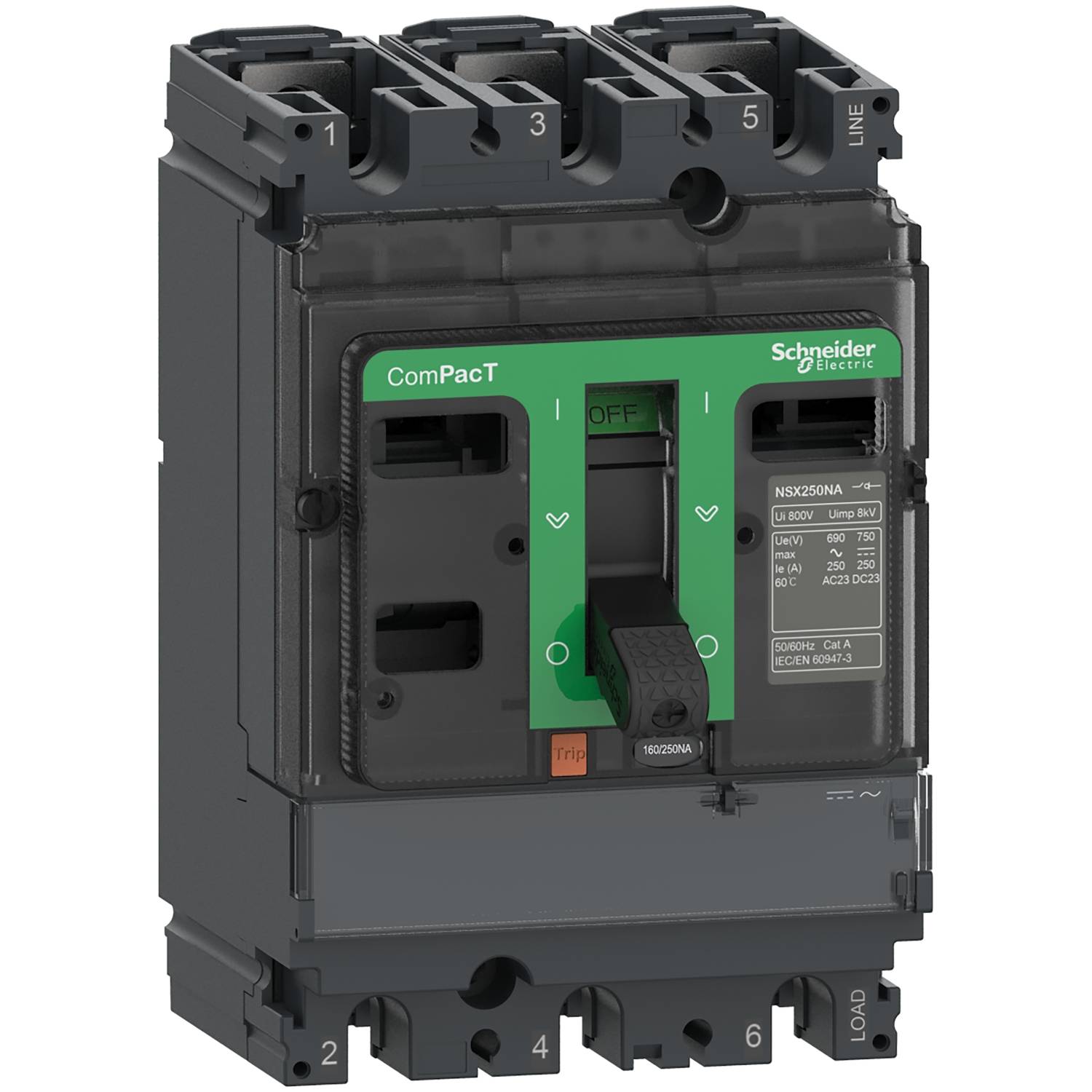 Jistič 'ComPacT' od Schneider Electric, třípólový, se zelenou páčkou 'ZAP/VYP' a specifikacemi na přední straně.