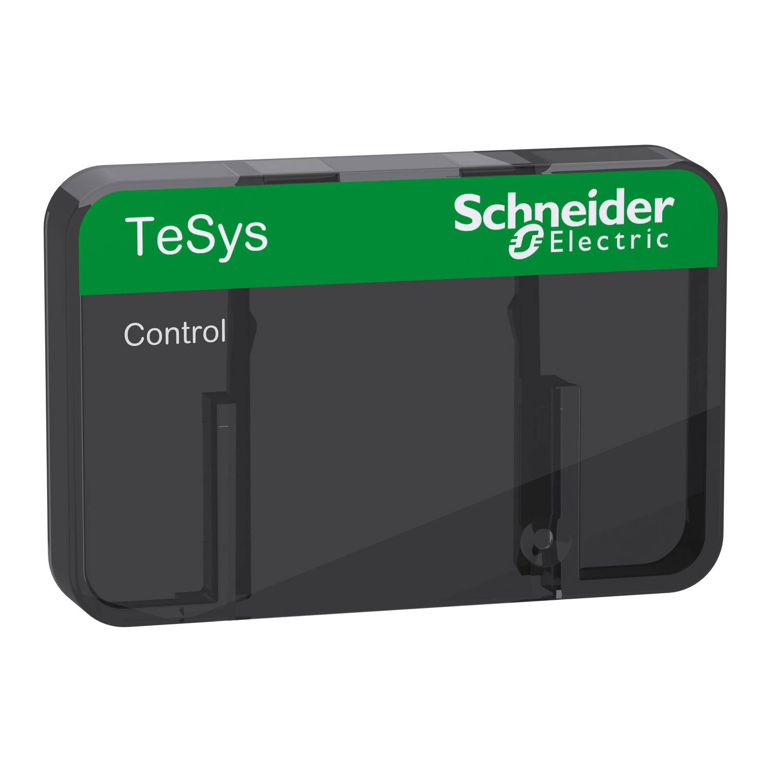 Čelní kryt TeSys ovládání od Schneider Electric, obdélníkový, černý s horní zelenou stranou a firemním logem vpravo nahoře.